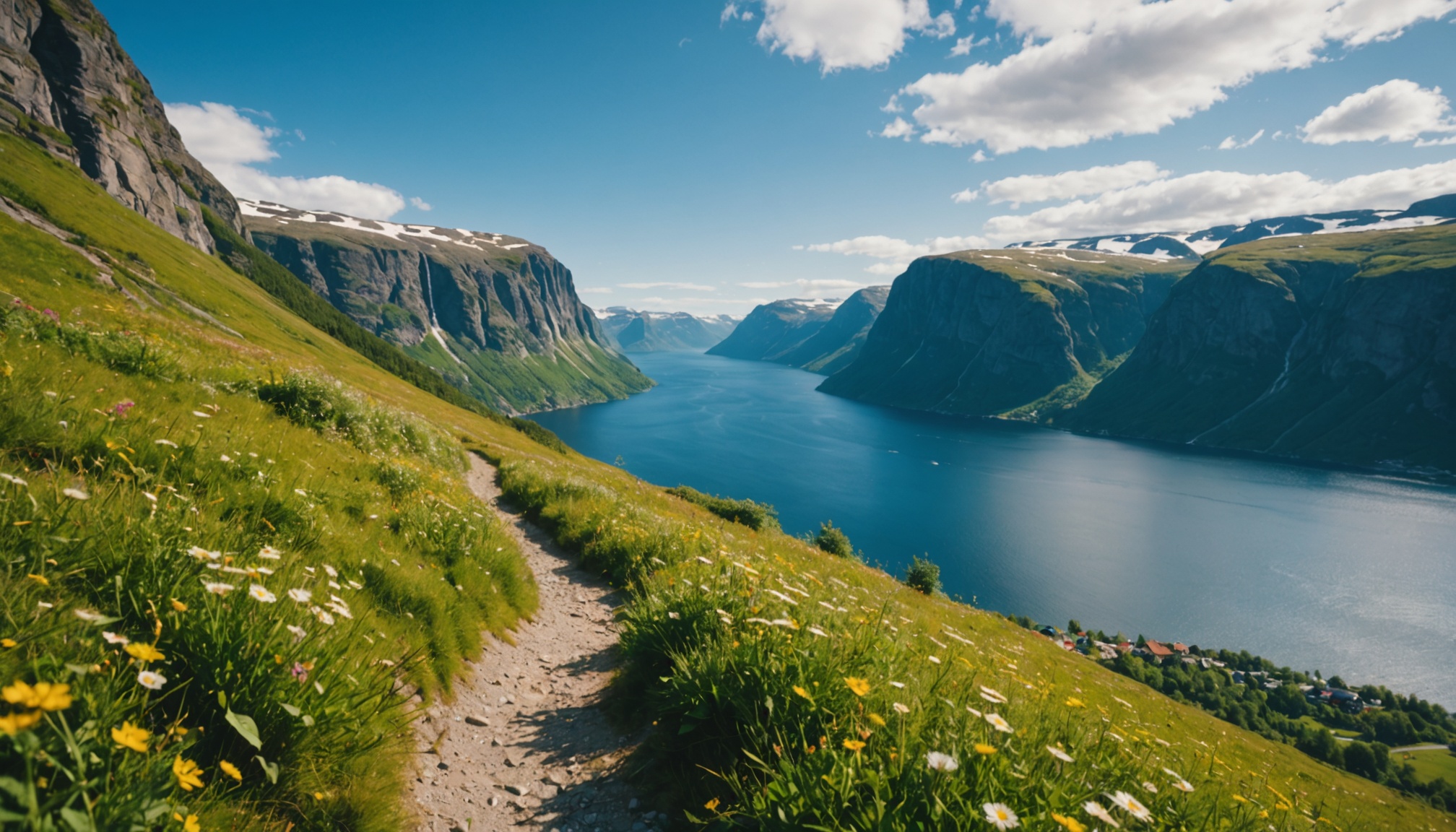 paysages montagneux et fjords majestueux norvégiens  
voiture sur route sinueuse entourée de nature sauvage