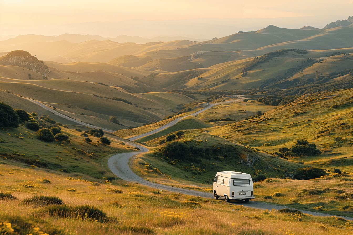 Camping-car sur route à travers l'Europe  
Aventure en plein air dans des paysages européens