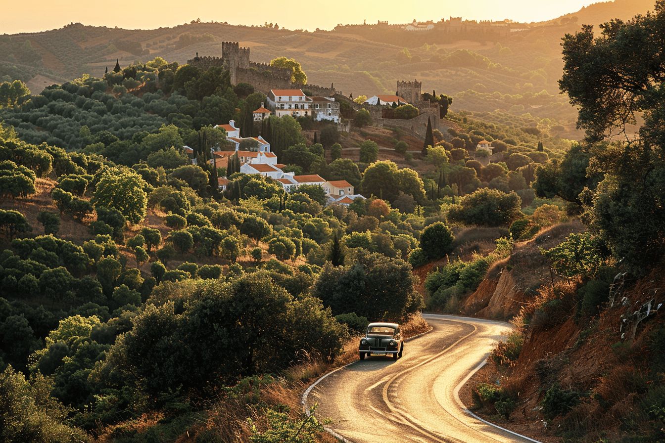 Paysage rural de l'Alentejo avec champs dorés  
Route sinueuse bordée d'arbres sous un ciel bleu