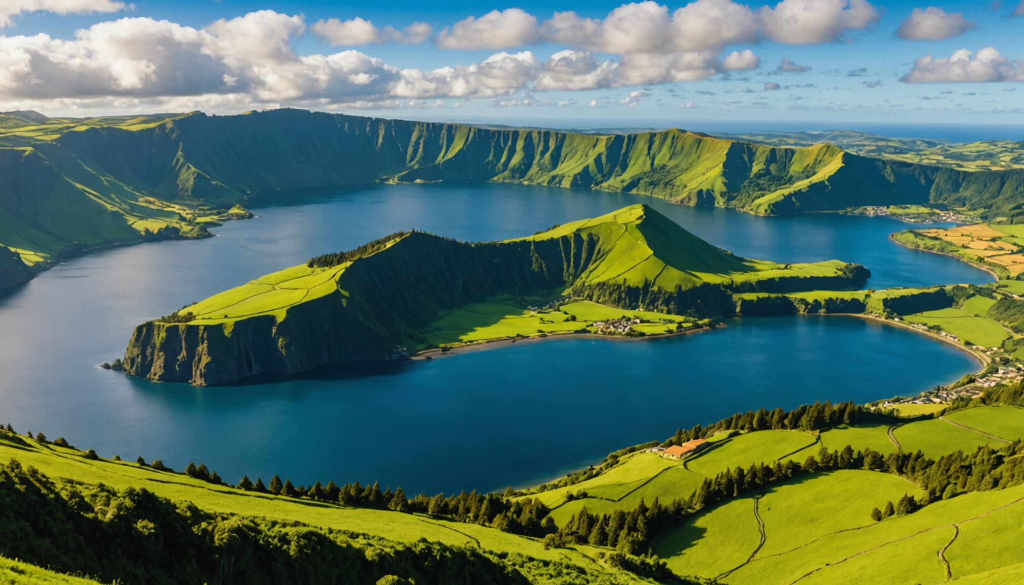 paysage verdoyant des Açores avec océan en arrière-plan