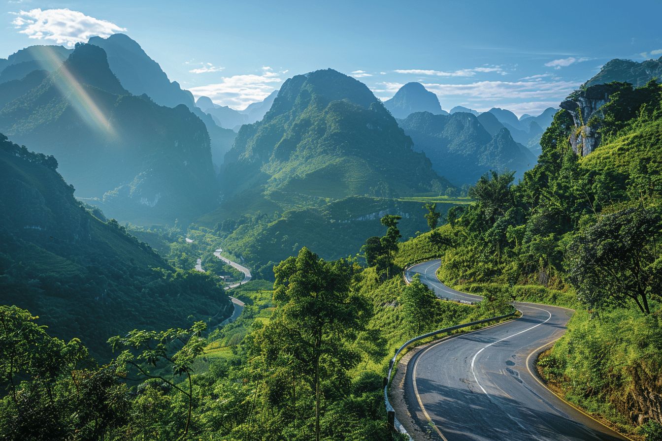 Route sinueuse à travers les montagnes européennes  
Paysages majestueux lors d'un voyage en montagne