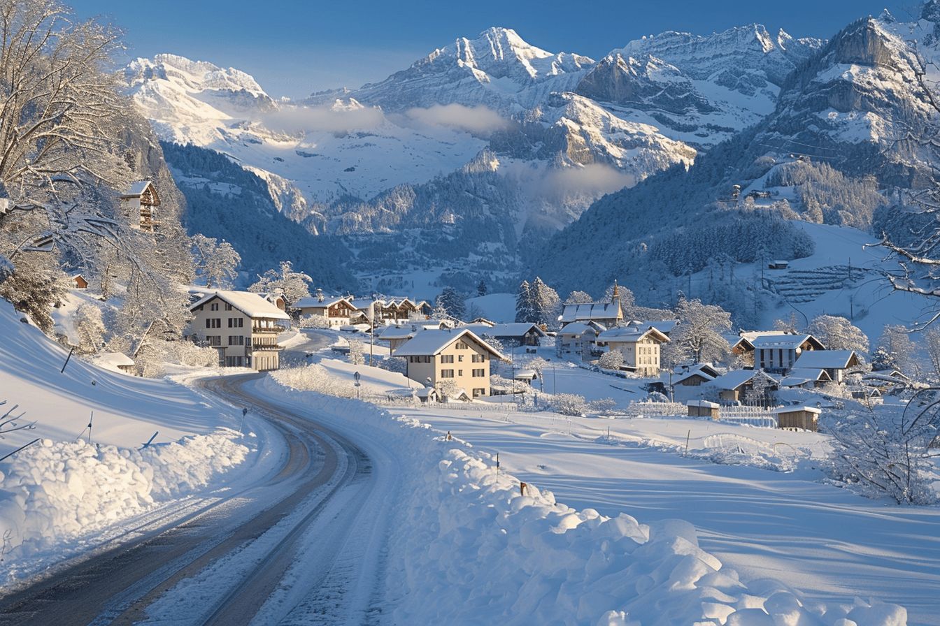 paysage enneigé avec des routes sinueuses et des sapins  
voyage hivernal à travers des paysages féeriques neigeux