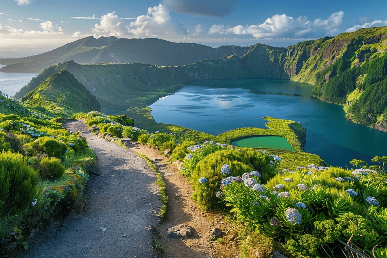 paysage luxuriant des Açores avec ciel bleu  
vues panoramiques sur la nature sauvage atlantique