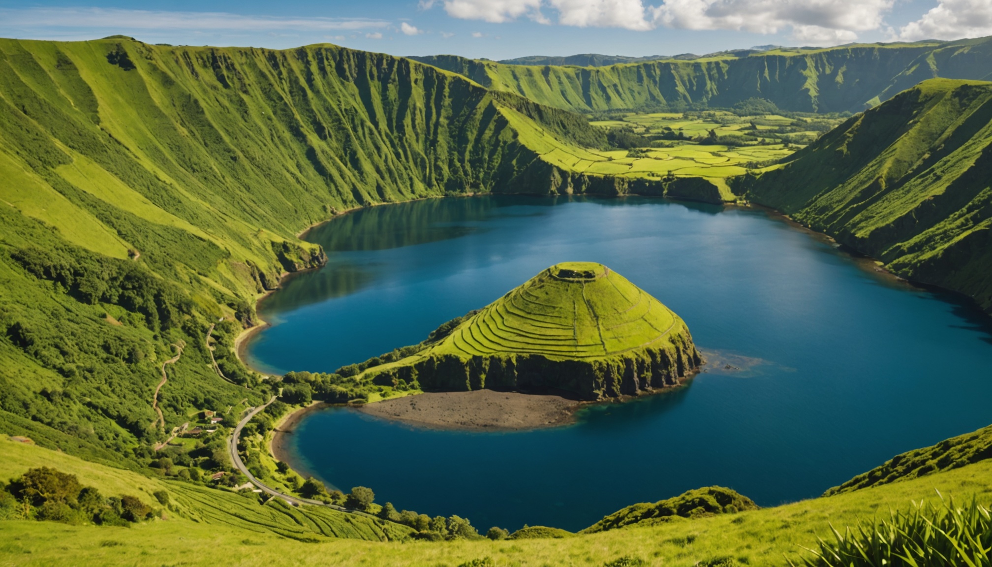 paysage verdoyant des Açores avec océan en arrière-plan  
montagnes et végétation luxuriante sous un ciel bleu